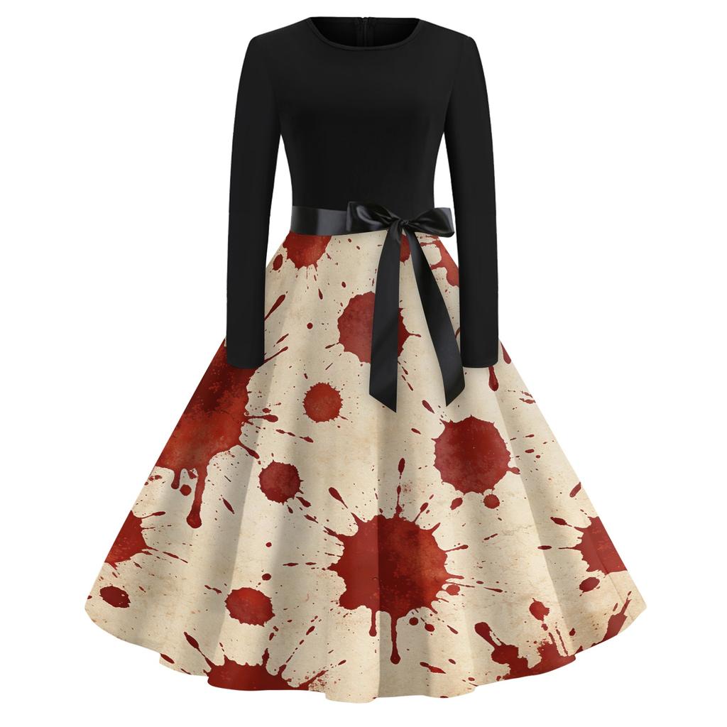 Women's Retro Halloween Print Long Sleeve Neck Casual Dress for Fall Party
