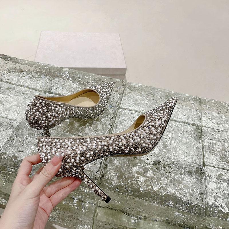 Fashion Bridesmaid Banquet High Heels, Women'S Thin Heels, Bride'S Wedding Shoes, Dress, Pearl And Crystal, Single Shoes For The Annual