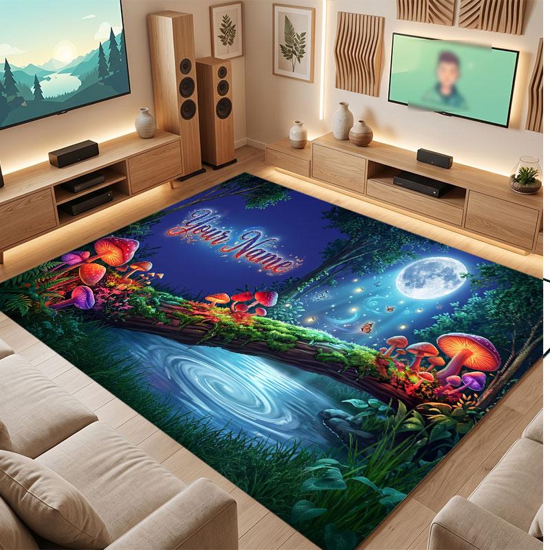 Mushroom Forest Theme Crystal Velvet Floor Rug Personalized Custom Name Text Warm Carpet Home Decoration