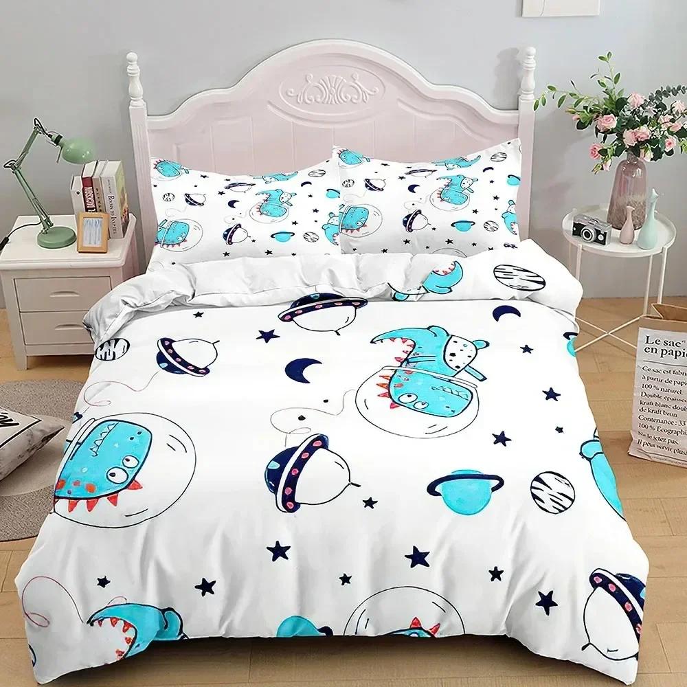 Cartoon Dinosaur Bedding Set Full King Queen Size,Cute Animal World Duvet Cover Orange Yellow Polyester Comforter Quilt Cover