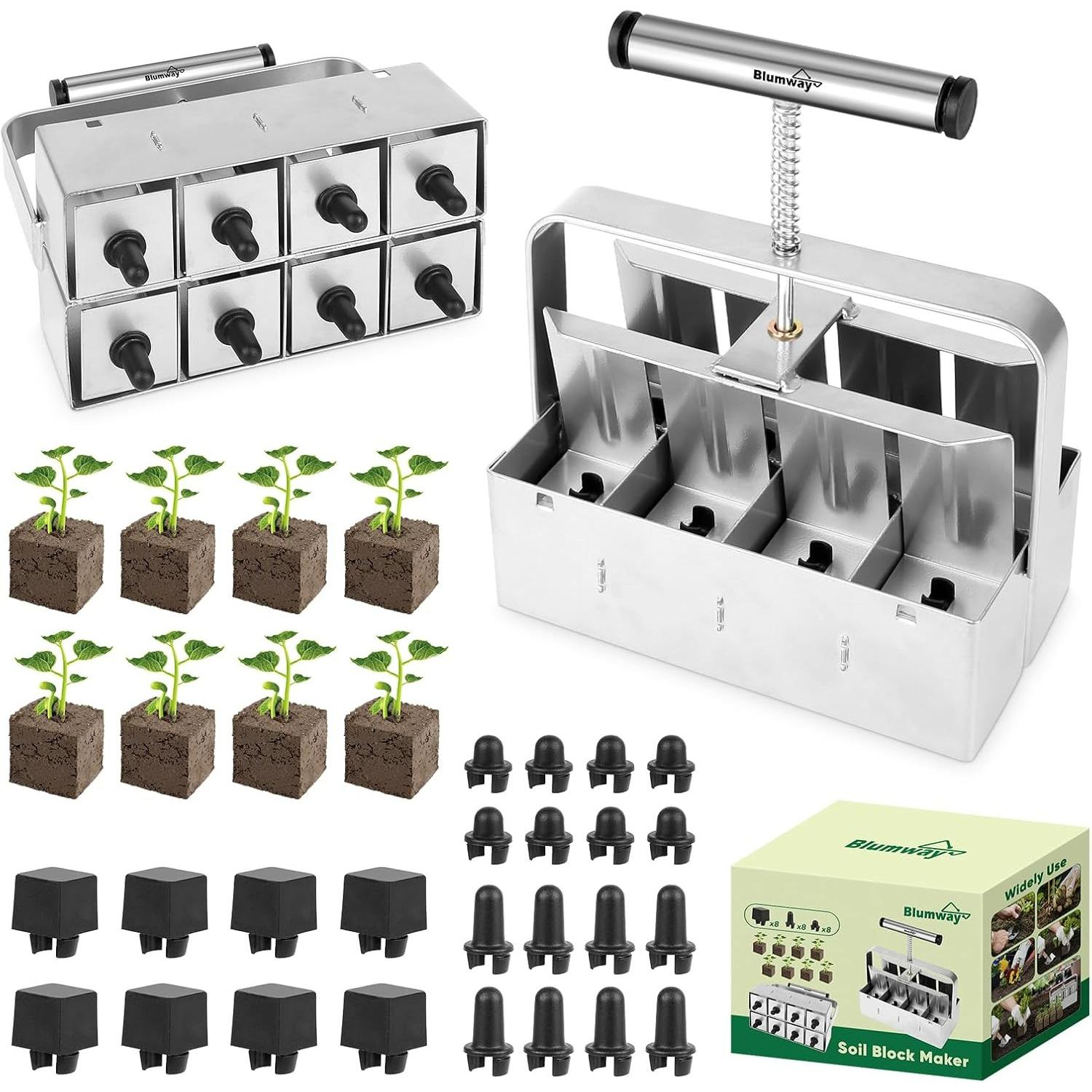 8 Cell Seed Blocker 2 inch Quad Soil Block Maker Manual with 3 Types of Block Pins, Hand-held Soil Blocking Tool for Seed Stater Tray Outdoor Plants A02
