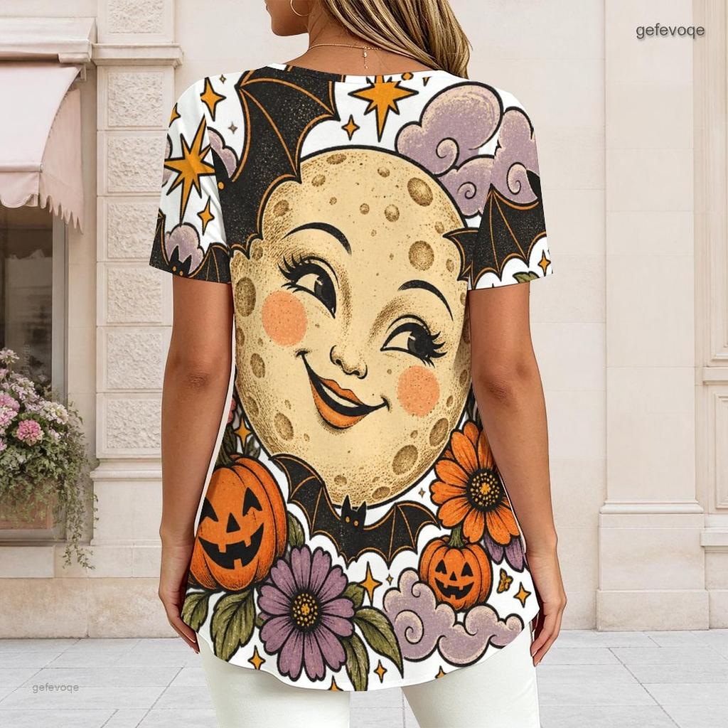 Women Plus Size Round Neck Short Sleeve T Shirt Opossum Witch Hat Pumpkin Floral Halloween Print Double Layer Front Top