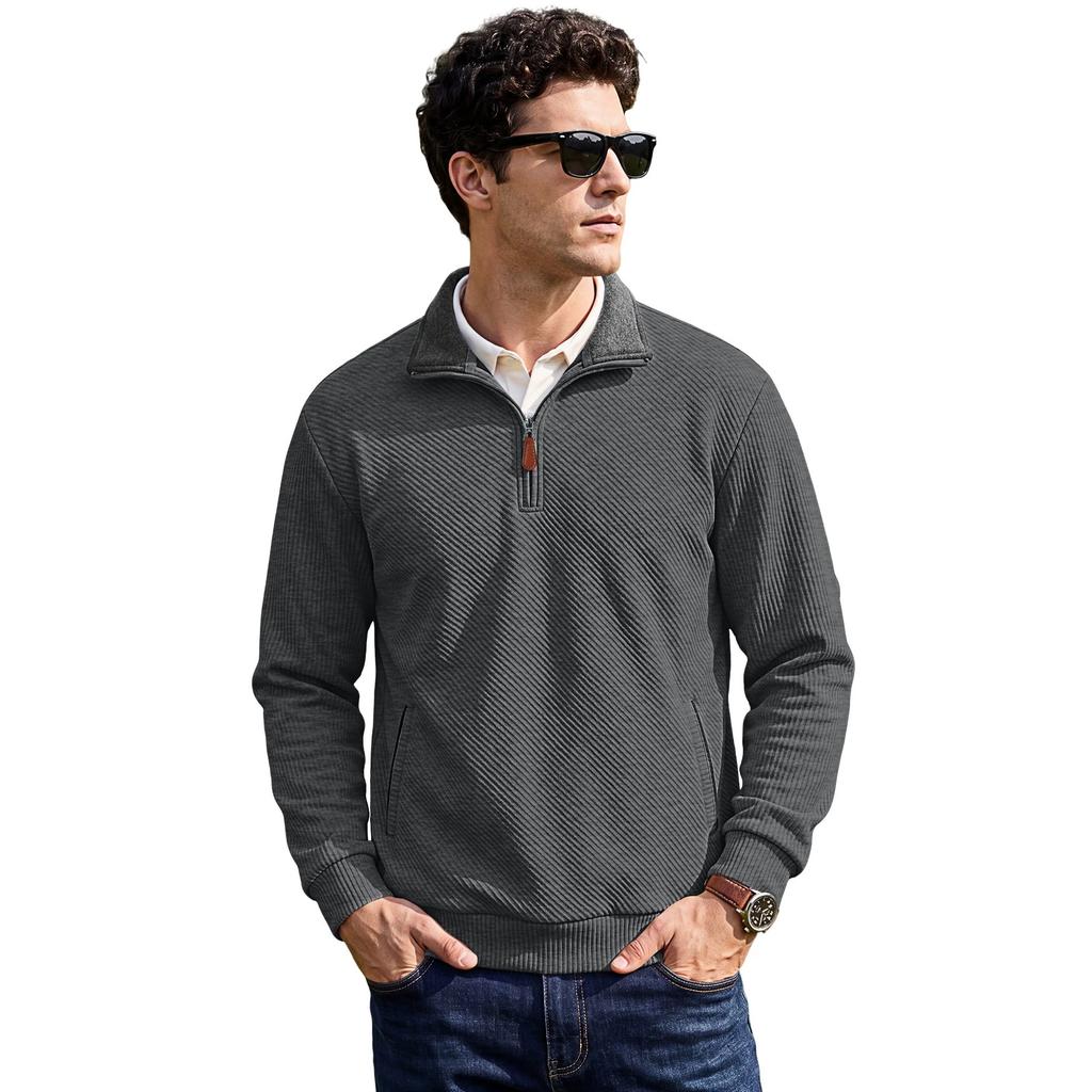 Men's Textured Jacquard Stand Collar Pullover Zip Pocket Casual Sweatshirt