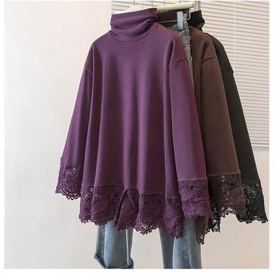 Plus Size German Velvet Lace Long Sleeve High Neck Top - Women's Slimming Autumn Winter Outerwear Shirt