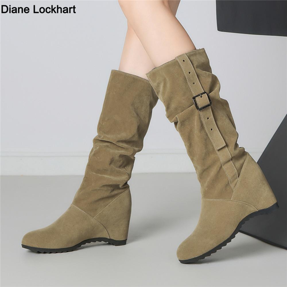 Fashion Mid calf Women's Internal Height Boots Women Shoes High Quality New Round Toe Solid English Style Fashion Casual Buckle Pleated