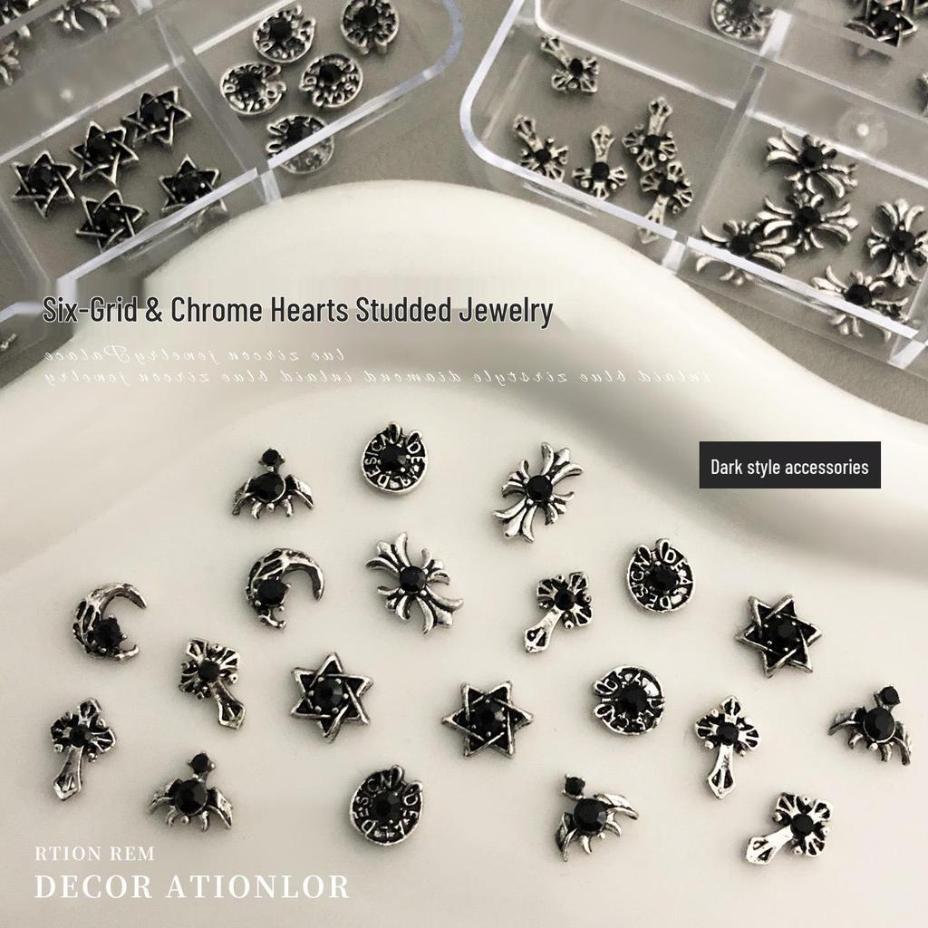 Dark Chrome Heart Nail Accessories: Rhinestone Cross, Star & Moon Alloy Gems