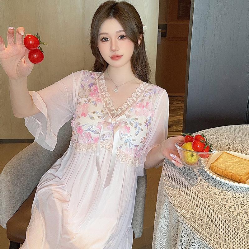 Linglei Summer Solid Color Lace Bow Mesh Court Princess Style Long Nightdress Pajamas Loungewear Women