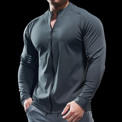Herren Kompressions-Sportshirt mit durchgehendem Reißverschluss und langen Ärmeln, Slim Fit, Gym Workout Top