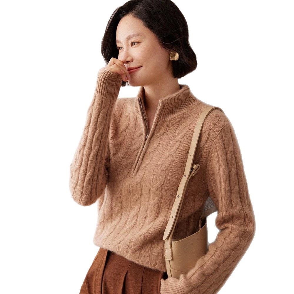 Women's Thickened Cashmere Stand Collar Zipper Sweater - Soft, Warm Cable Knit for Autumn/Winter