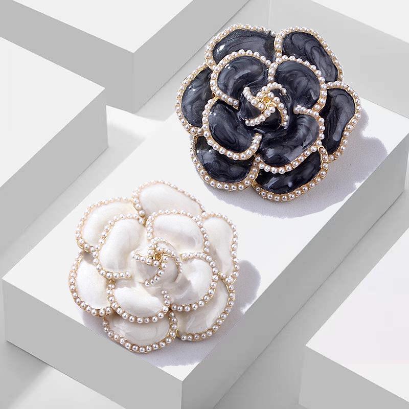 Retro Camellia Pearl Brooch & Scarf Buckle with Rhinestones - Elegant Large Pin Jewelry for Women