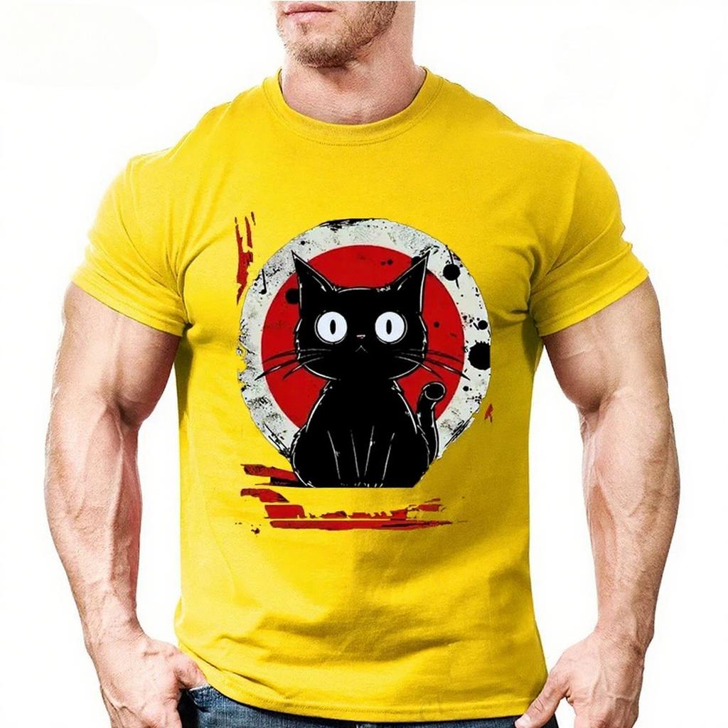 Summer Round Neck 3D Japanese Black Anime Cat Pattern Print Top Fashionable Casual Short Sleeved Men's T-shirts
