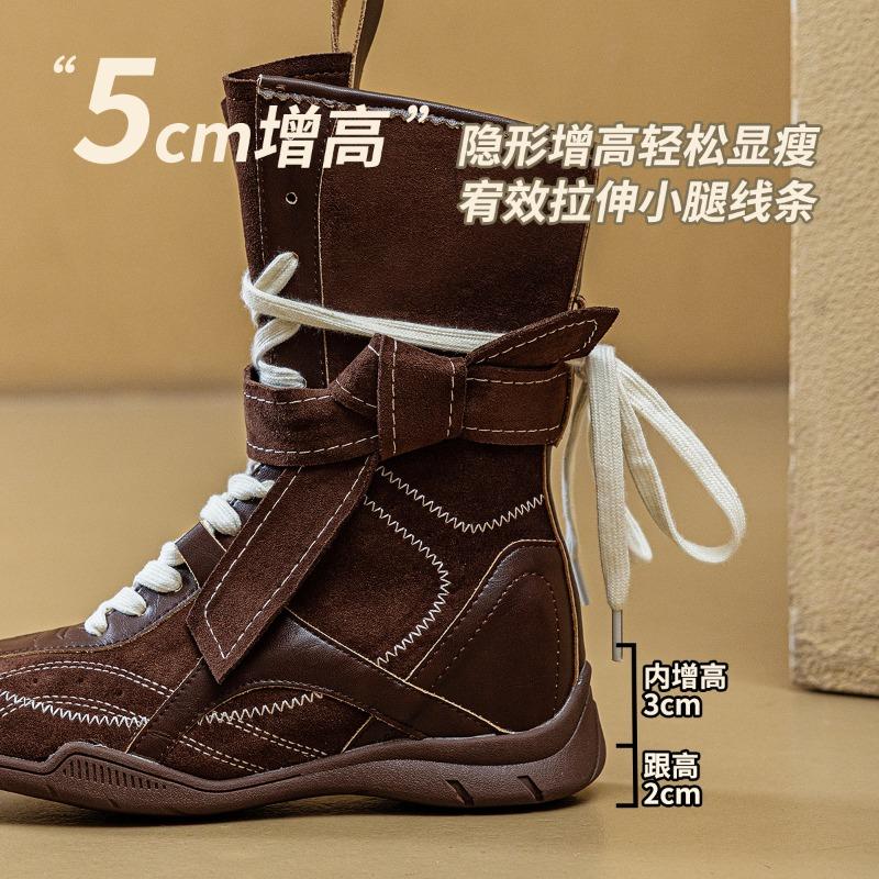 Retro Boxing Boots Women's Spring and Autumn New Maillard Style Outdoor Women's Boots Boots Street Shot Medium Tube Fashion Boots