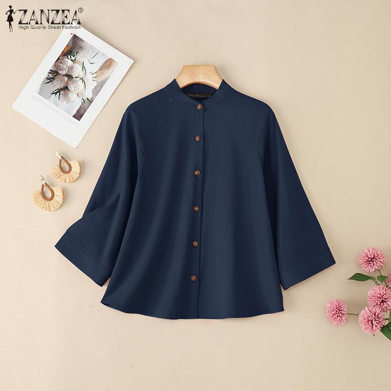 ZANZEA Women Casual Stand Collar Loose 3/4 Sleeve Cotton Blouse
