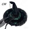 Decorative Halloween Hat Witch for Women, Large Black Velvet Wizard with Festive Holiday Headwear Mesh Ruffle Brim Adults Costume, Cosplay Party