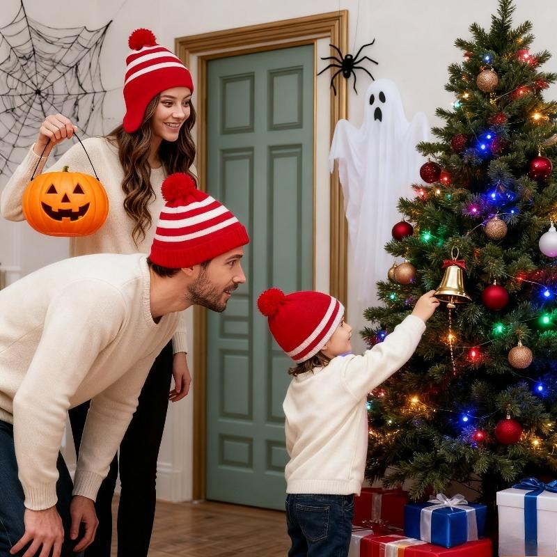 1pc Red Beanie with Pom Pom Santa Hat,Winter Warm Knit Brimless Cap Men Women Holiday Party Xmas New Year Accessories Decoration