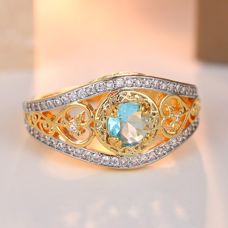 Vintage Inlaid White Blue CZ Women's Ring Gorgeous Two Color Hand Carving Daily Wear Party Jewelry Anniversary Gift