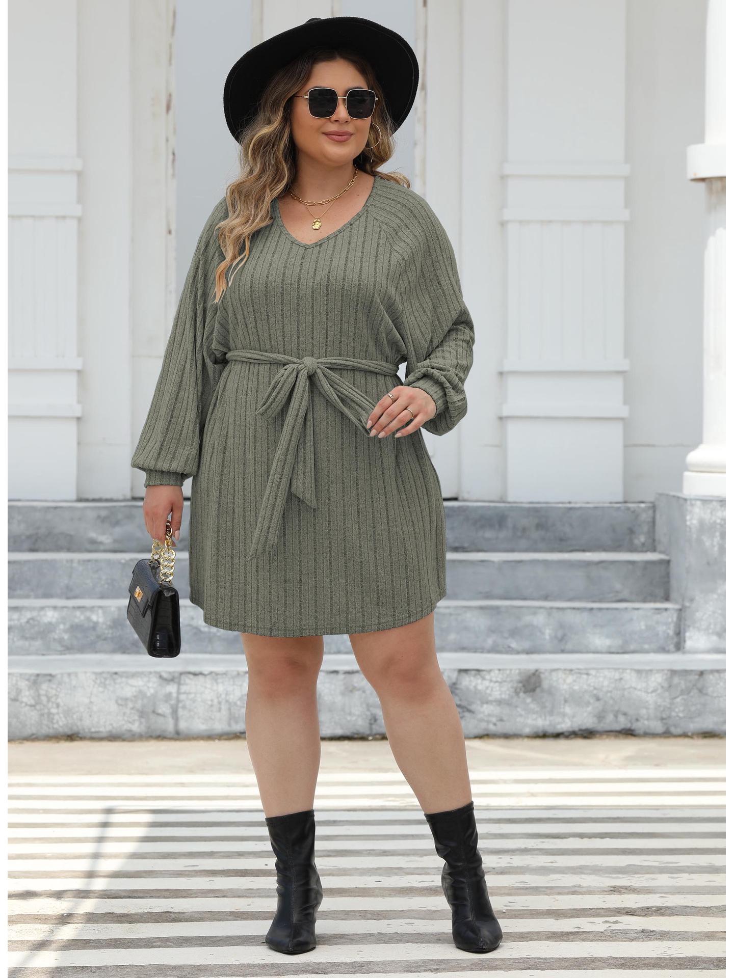 2025 Women s Plus Size Ribbed V-neck Strappy Knit Dress - Casual and Stylish 0XL армия зеленый
