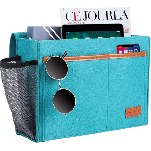 Bedside Caddy, Felt Bed Storage Organizer Hanging Bag Holder with 5 Pockets, Magazine Book Phone Tablet iPad Cables Remote and Water Bottle Holder
