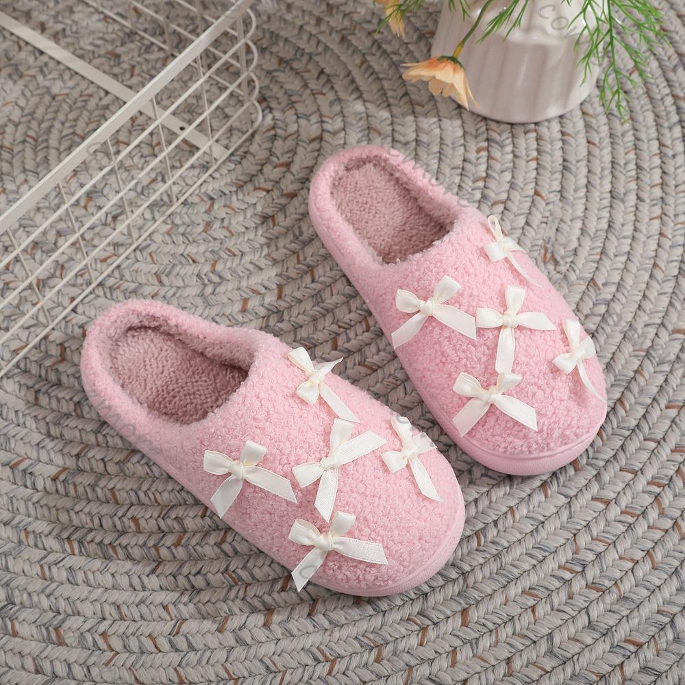 Comemore Autumn and Winter Bowkont Cute Plush Cotton Slippers Women Warm Indoor Shoes Casual Flat Soft Sole Slides Women's Shoes