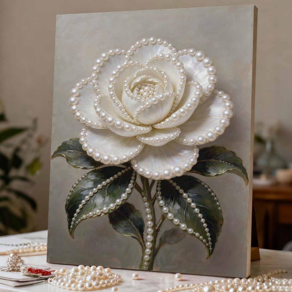 DIY Framed Pearl Painting Kit White Rose Flower Botanical Plant Sparkling Bead Canvas Creative Craft Gift for Women Adults