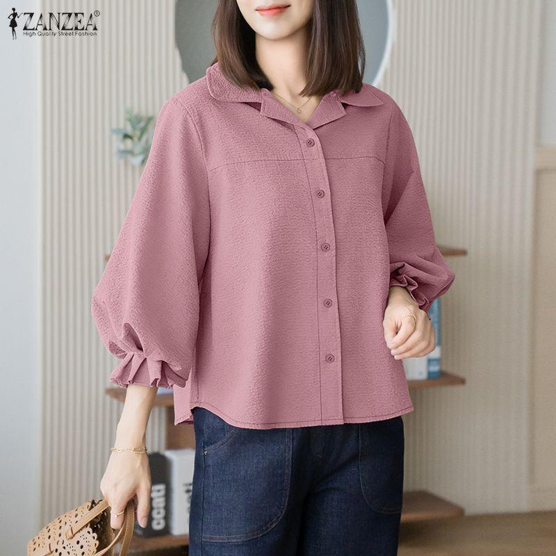ZANZEA Women Casual Turn Down Collar Solid Color Loose 3/4 Sleeve Blouse