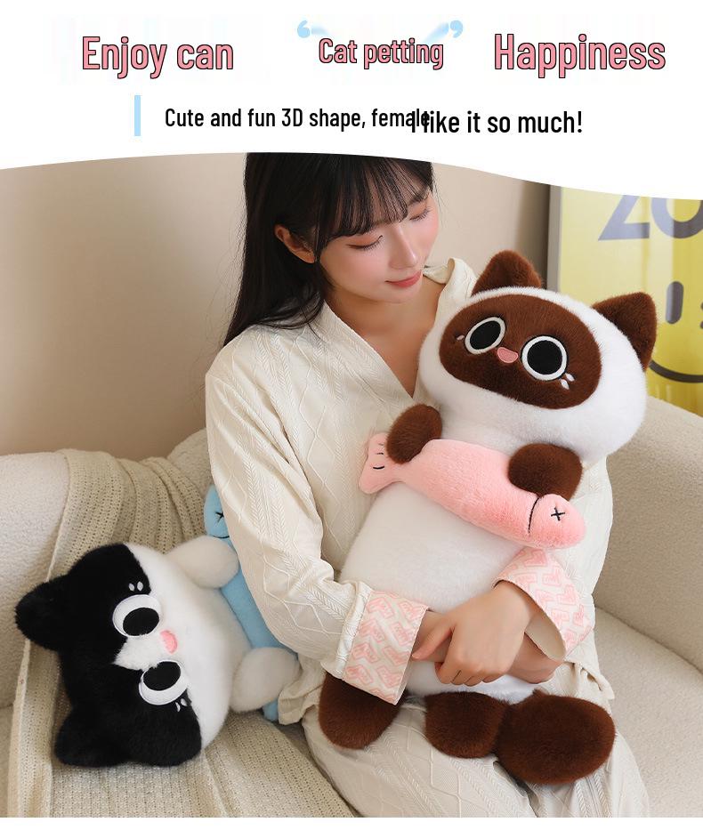Siamese Cat Plush Fish-Catching Doll Pillow – Perfect Birthday Gift for Kids and Cat Lovers.