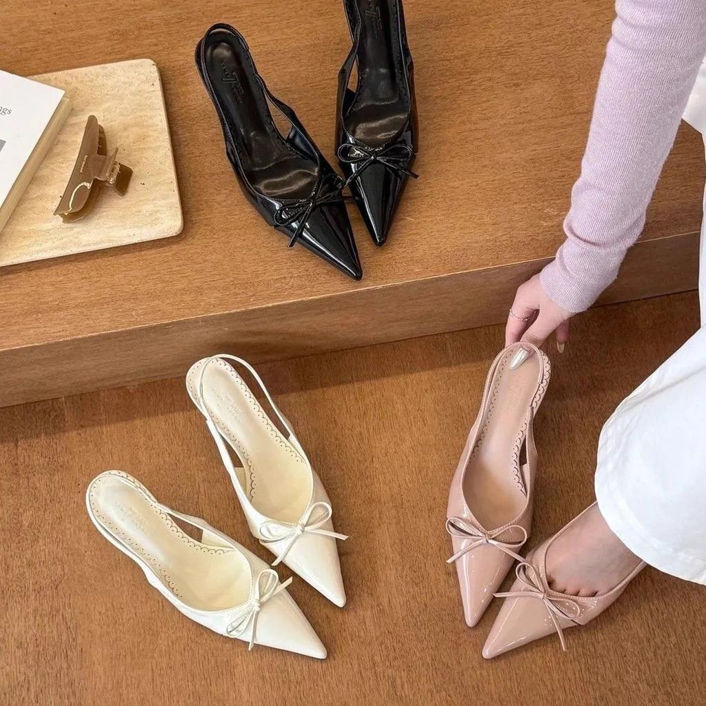 Shallow Mouth Back Space 2025 Fashion Spring and Summer French Pointed Head Bow Temperament Bag Head Medium Heel High Heels Women's Sandals