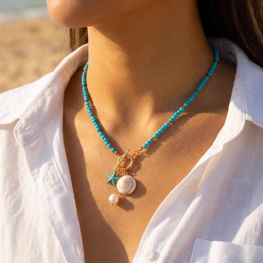 Böhmischer Seestern Muschel Anhänger Halskette mit OT-Verschluss Bunte Reiskornperlen Keramikfisch Choker Halskette Strandurlaub Schmuck