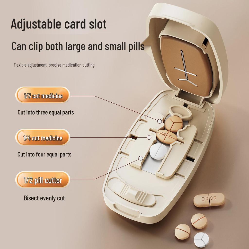 Multi-functional Pill Cutter & Divider with Storage – Portable 2, 3, & 4-Way Pill Dispenser Box Gadget
