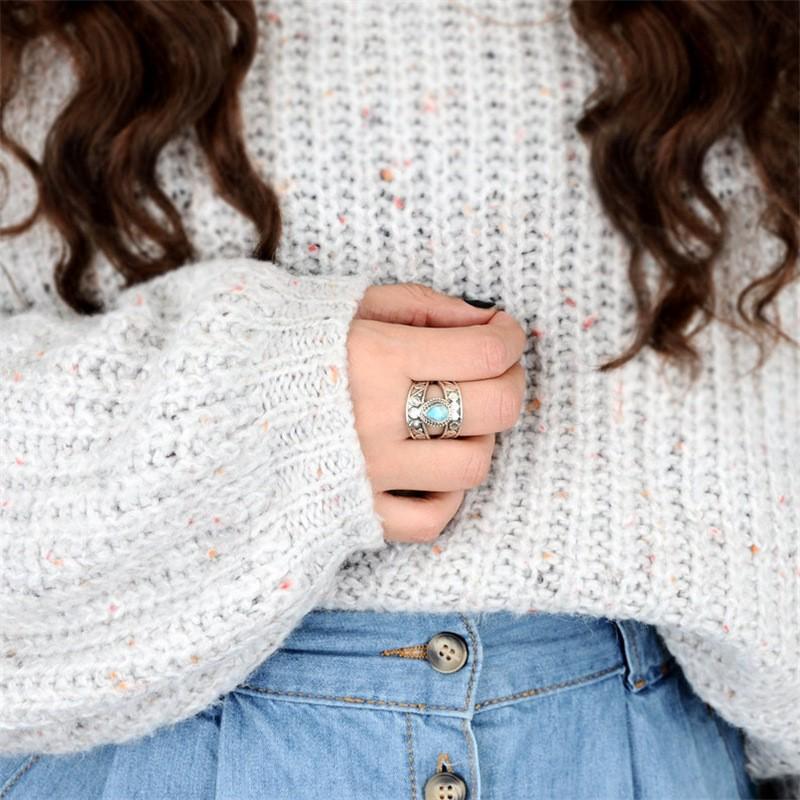 Anello Bohemien Turchese a Goccia - Modello Intagliato Gioielli Moda Retrò per Donna