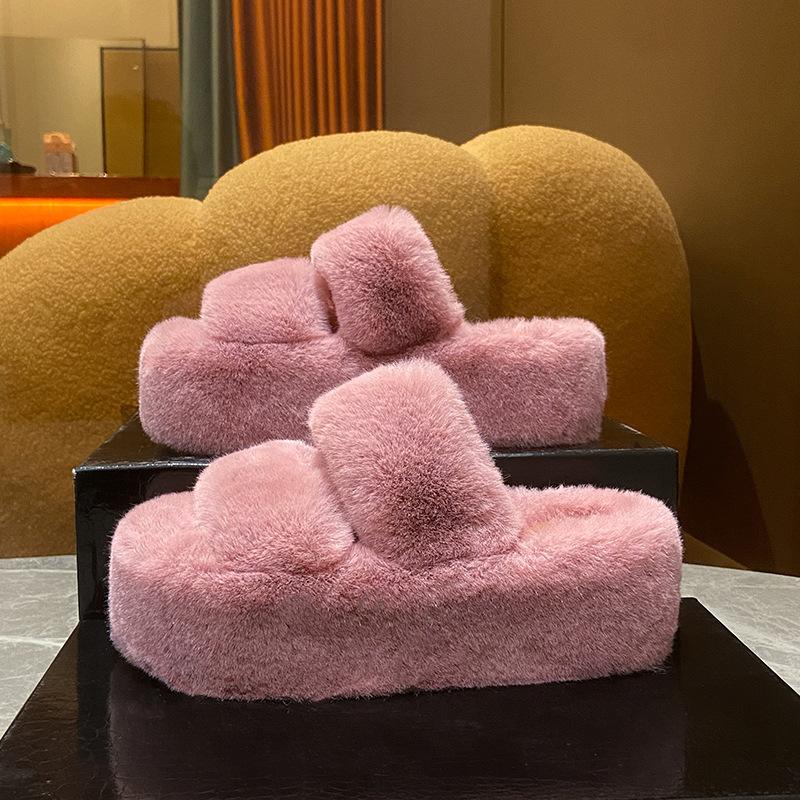 Cm Fluffy Shoes Women Wear  Internet Celebrity Explosion Autumn and Winter Go Out Thick-soled Plush Cotton Slippers