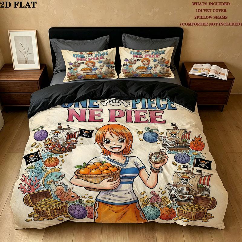 Pościel z nadrukiem One Piece Zestaw kołdry Poszewka na kołdrę Poszewka na poduszkę Domowy prezent urodzinowy(1 * poszwa na kołdrę + 2 * poszewki na poduszki, bez rdzenia)
