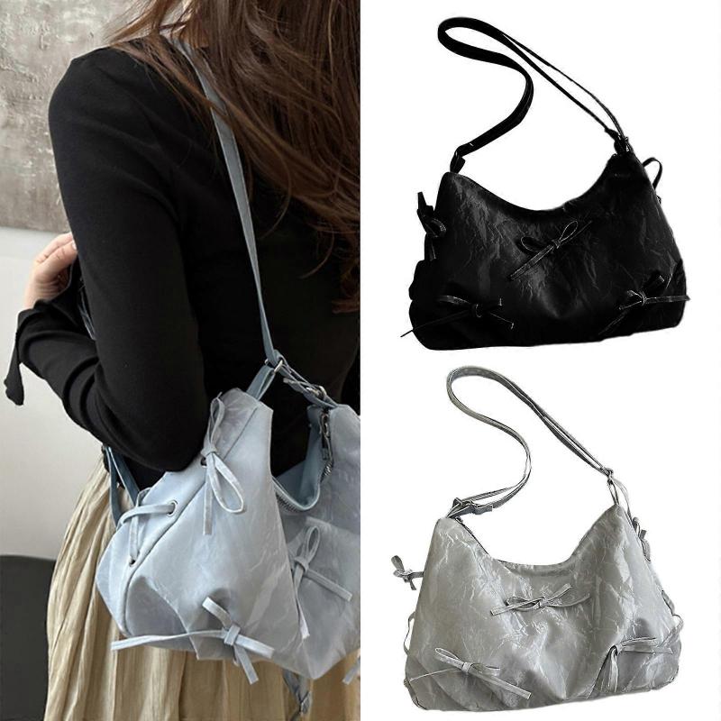 Elegant Bowknot Shoulder Bag Spacious PU Leather Handbag Crossbody Purse Casual Satchel for Women and Girls White