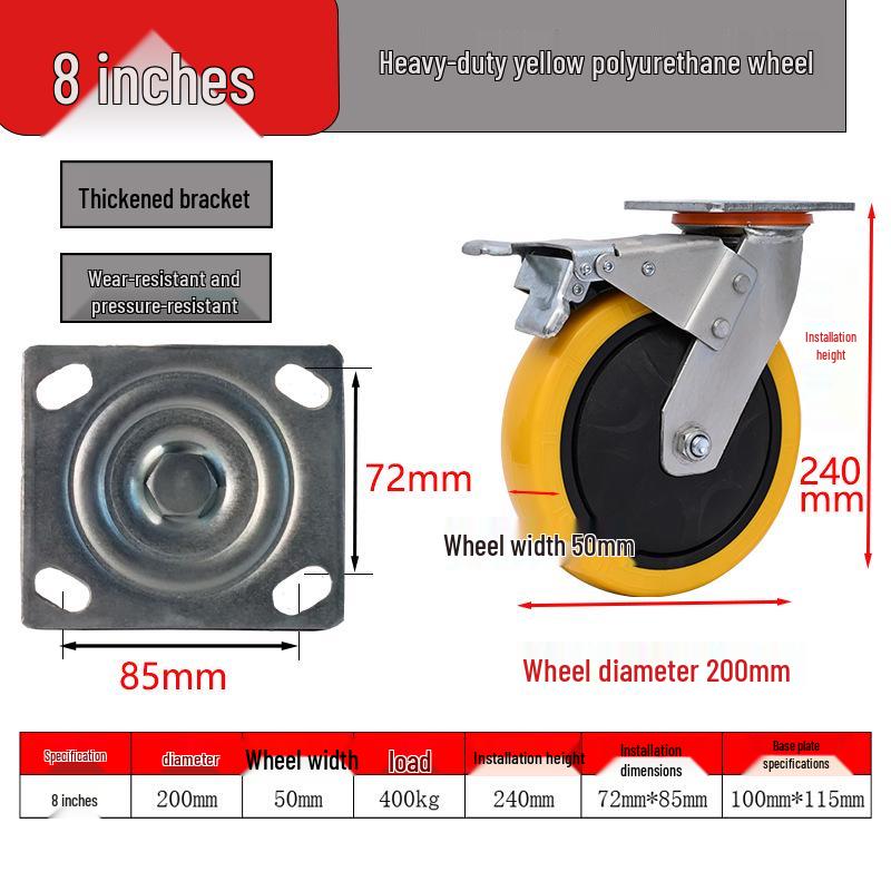 Heavy-Duty Anti-Winding Yellow Polyurethane Caster Wheels 4"-8"