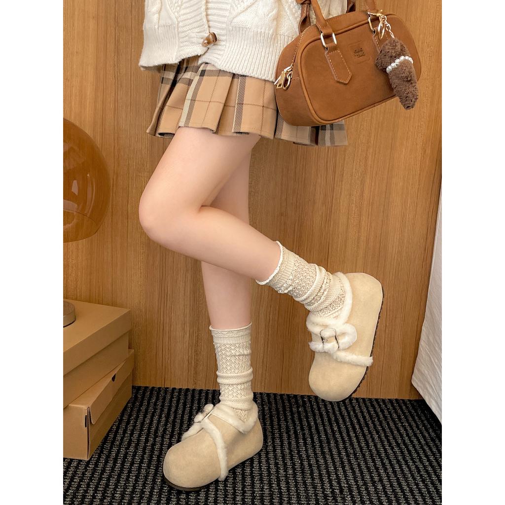 White velvet thickened warm snow cotton shoes women wear soft-soled Birkenstocks in winter