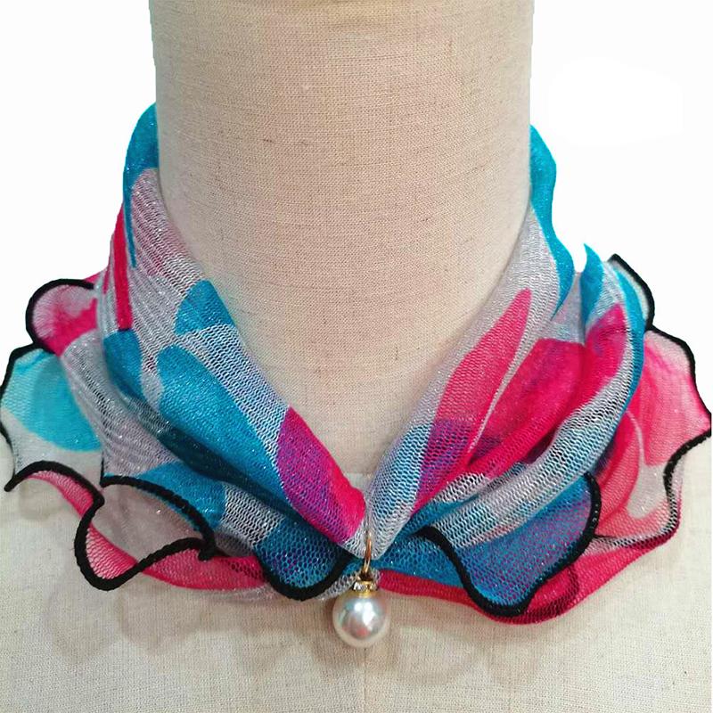 Fake Pearl Pendant Organza Neck Collar Chiffon Scarves Lace Pearls Scarf Fashion Print Shiny Variety Scarf Clothing Accessories