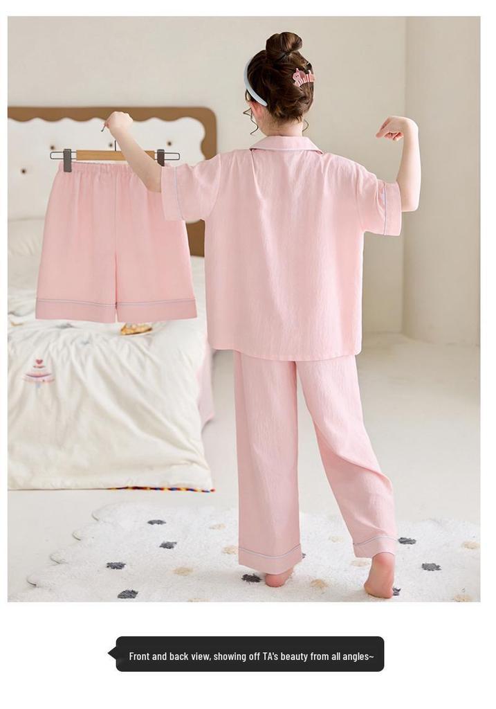 Girls' Lightweight Summer Pajamas: 2026 Ice Silk Three-Piece Set for Medium & Large Children