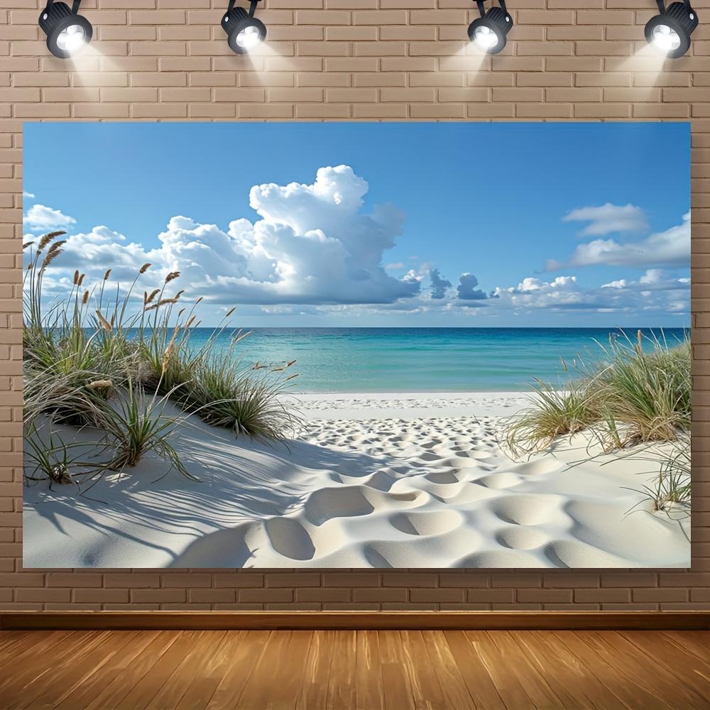 

Beach Sand Dunes Grasses Blue Sky Clouds Ocean View Relaxing Coastal Scenery Tapestry Wall Hanging Decor 2D Flat Background 74x94cm(29x37in)