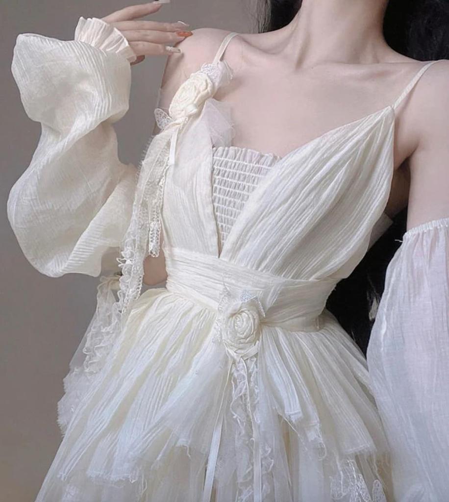 Lady Lazy Lolita with Arm Cream Dress, Sleeveless, Cosplay, White, Asymmetrical, Knee-Length, Covers,