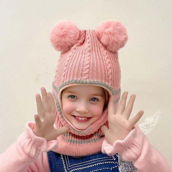 Children Hat Plush Balls Decor Thickened Knitting Hat 3-in-1 Design Hat Scarf Face Guard Headgear Elastic Fit Windproof Hat