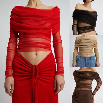 2025 Summer European and American Sexy Slim One-shoulder Mesh Breathable Dress Temperament Shows Chest and Figure Women's Long-sleeved Top T-shirt