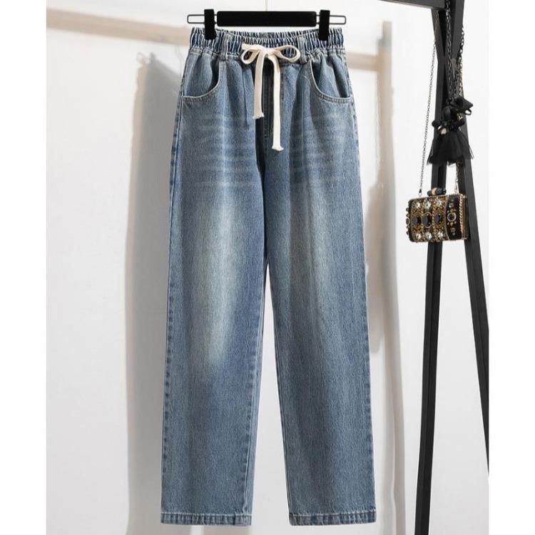 

Women Autumn Loose Casual Denim Blue Wide Leg Pants Elastic Basic Trousers Plus Size Long Jeans S синий