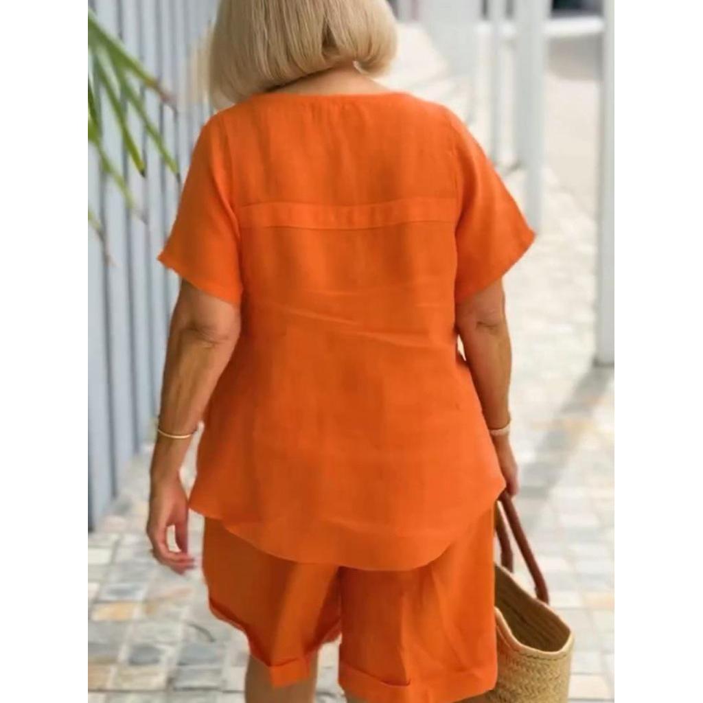 Spring/Summer 2026 Cotton Linen Two-Piece Set with Ruffled Short Sleeve Top and Pocketed Shorts