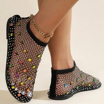 Fashion Women's Fashion Sandals Autumn New Round Head Mesh Breathable Rhinestone Hollow Flat Leisure Cool Boots