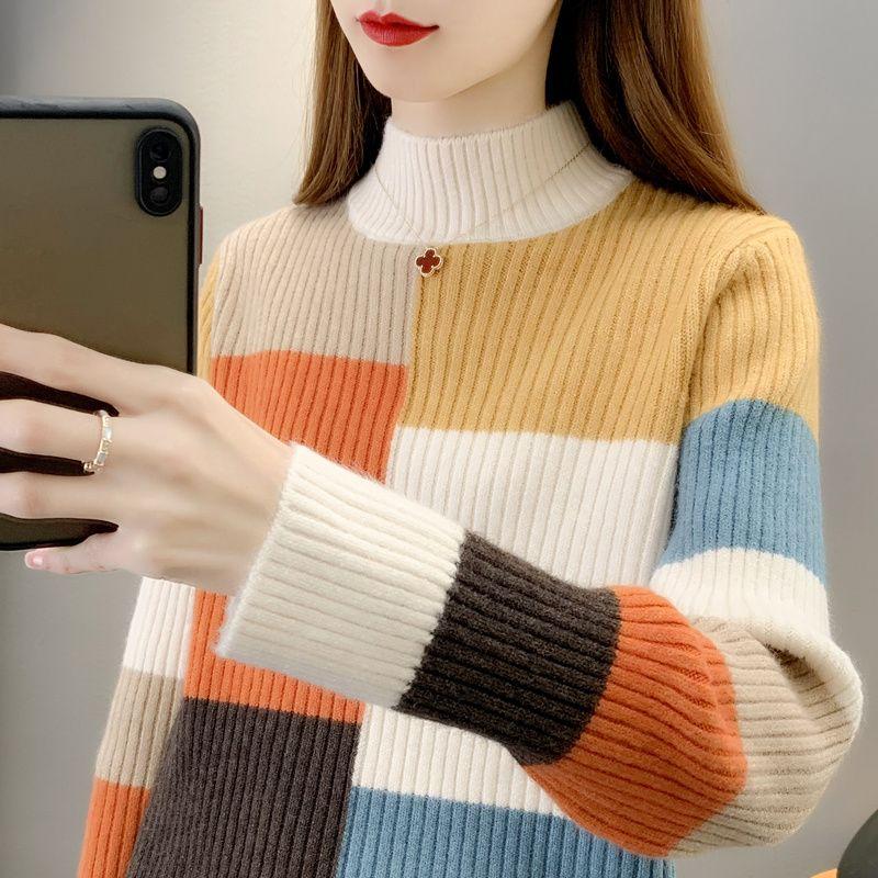 Fall Winter Women's Crew Neck Sweater Loose Contrast Knit Sweater Long Sleeve Pullover Knit Jumper Top