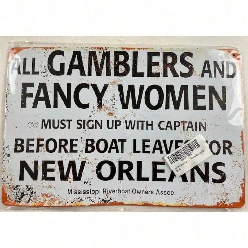 Vintage Metal Sign 8x12 Inch Rustic Tin Wall Decor - Premium Retro New Orleans Riverboat Gamblers Sign with Fancy Finish, Unique