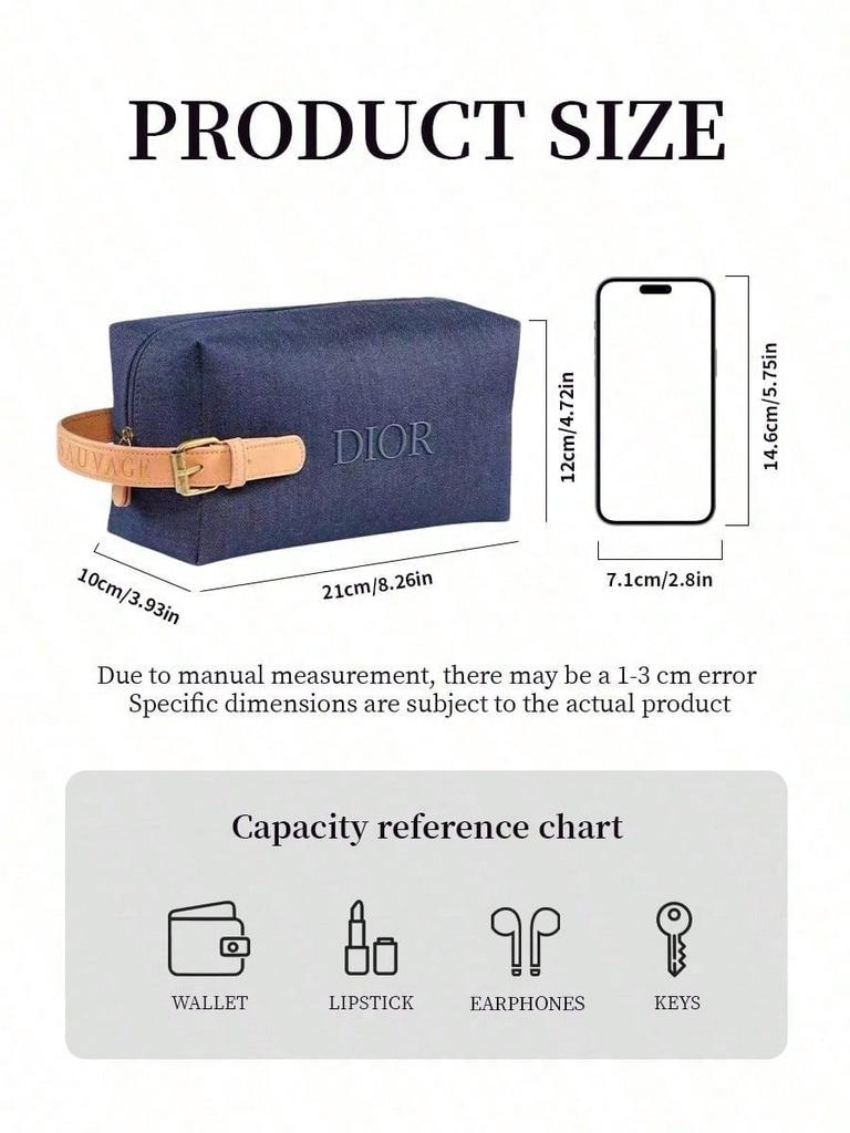 Dior 1 Piece Dark Blue Canvas Makeup Bag Embossed DIOR Logo Leather Strap Zipper Portable Travel Cosmetic Storage Pouch for Men Women