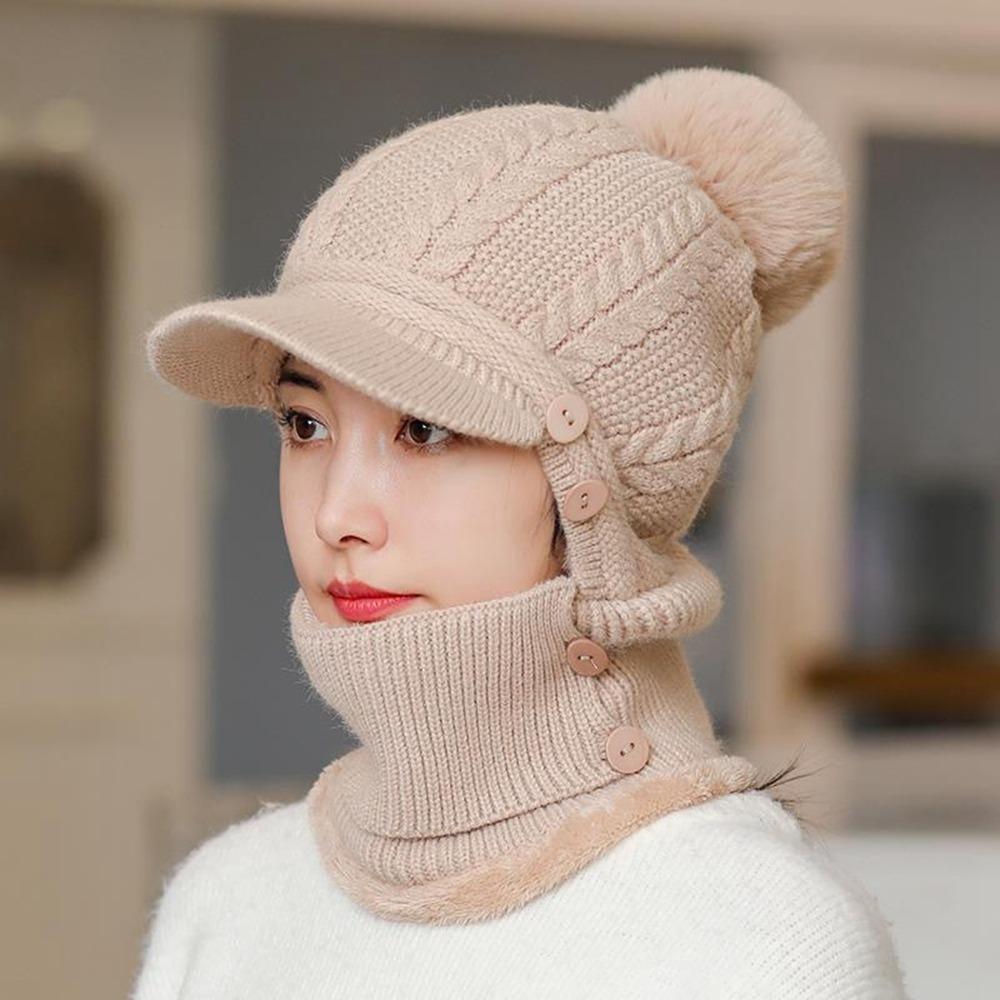 

Woolen Hooded Thermal Cap Face Mask Cold Proof Scarf Balaclava Hat Scarf Hat Set Women хакі