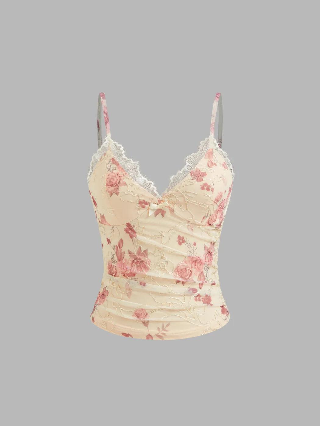 French V-neck floral lace sling vest women s premium mesh pleated slim slim and thin short top XS