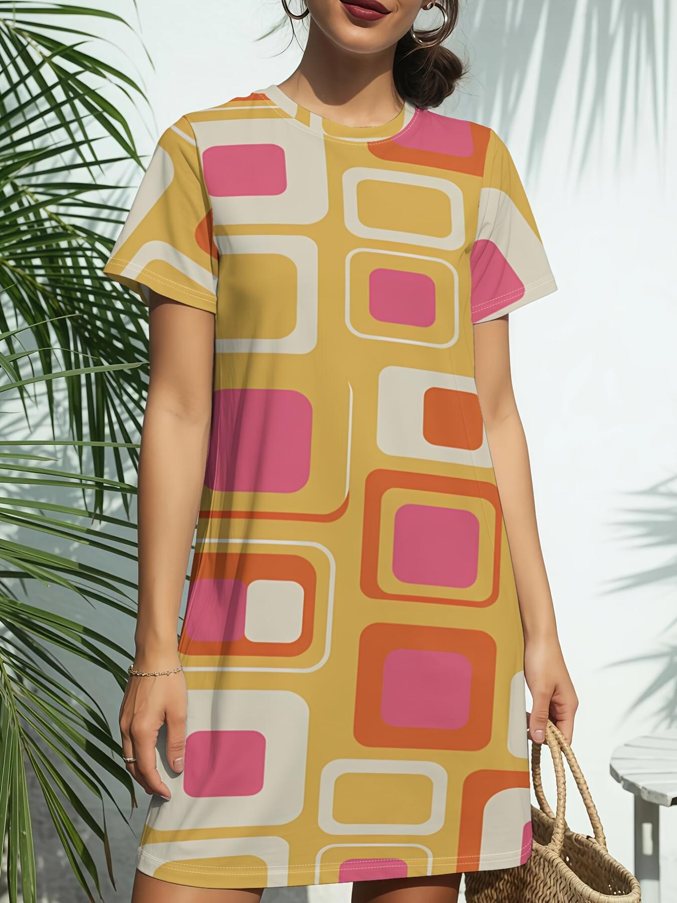 

Retro Mod SquaresNew Arrival Women s Round Neck Short-Sleeve T-shirt Dress.American Trendy Digital Print. Casual Versatile Style for Spring and Summer 5XL дубильная кора